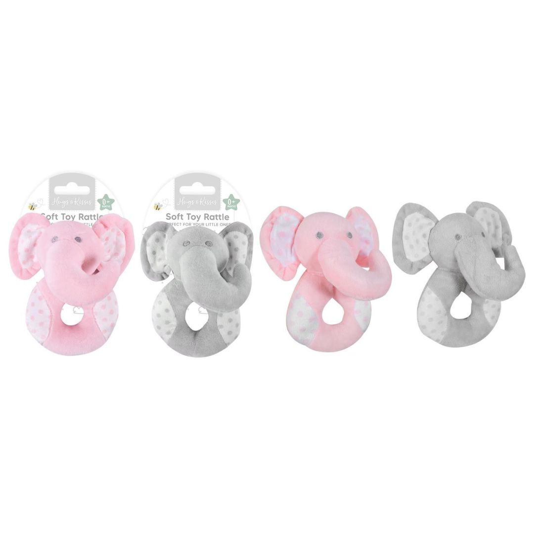 Hugs & Kisses Plush Elephant Toy Rattle - 2 Assorted Colours